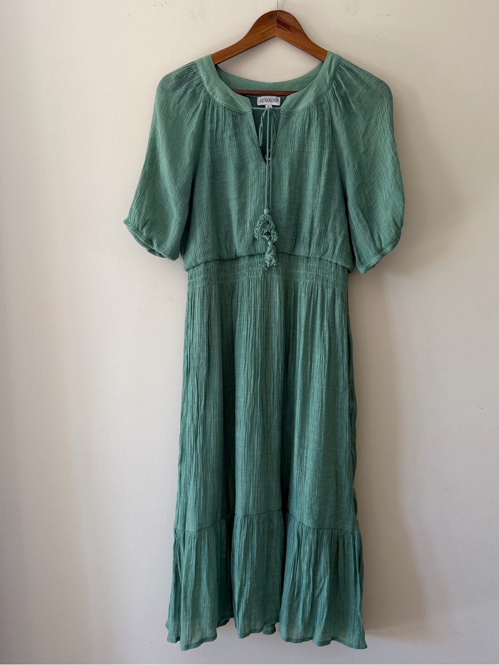 Luxology Sage Green Tiered Smocked Waist Midi Dress with Tassel Tie Medium